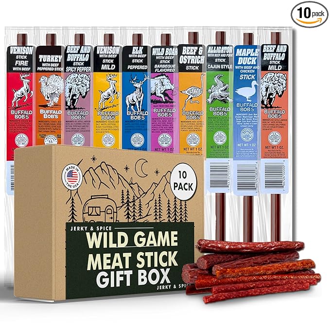 Jerky-n-Spice Wild Game Meat Sticks (10-Pack) | Ultimate Exotic Snacks | Beef Jerky Gifts for Men | Delicious Jerky Variety Pack Ideal for Anniversary Camping Hunting &amp Birthday Events