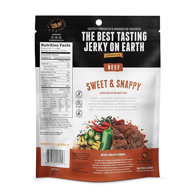 Perky Jerky Sweet and Snappy 100% Grass Fed Beef Jerky 2.2oz (Pack of 12) - Antibiotic Free - 10g Protein Per Serving - Low Fat - Tender Texture