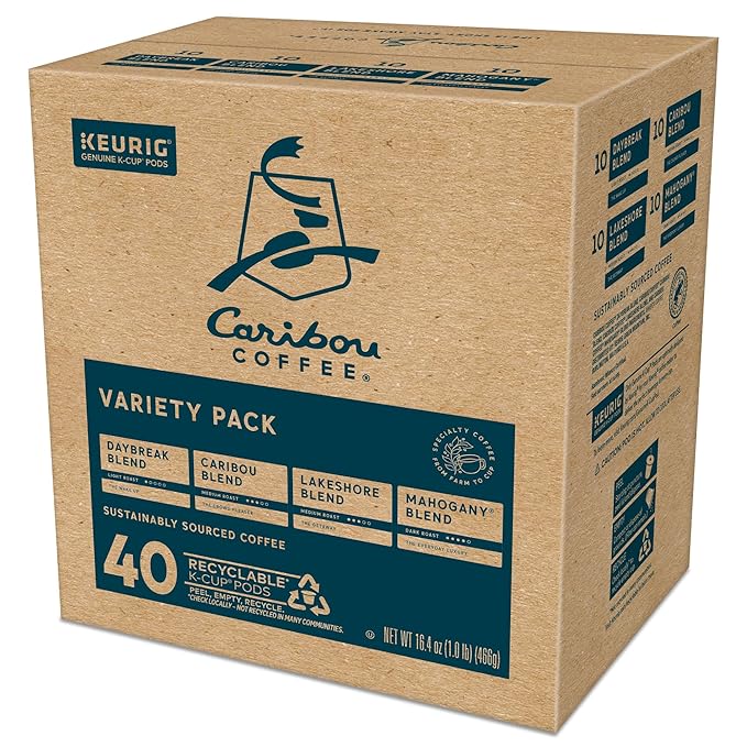Caribou Coffee Single Serve Keurig K-Cup Pod Variety Pack Light Medium and Dark Roast Coffees 40-Count Box(Pack of 1)