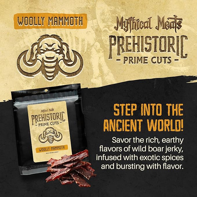 Mythical Meats Woolly Mammoth Jerky - Wild Boar - Prehistoric- Inspired Dried &amp Dehydrated Meats Seasoned to Perfection High Protein Snacks - 2.75 ounces