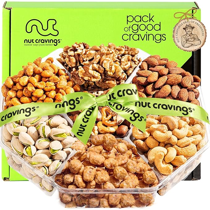 NUT CRAVINGS - Easter Mixed Nuts Gift Basket + Green Ribbon (7 Assortments 1 LB) Ramadan Gifts Treats for Adults Food Arrangement Healthy Snack Care Package Kosher