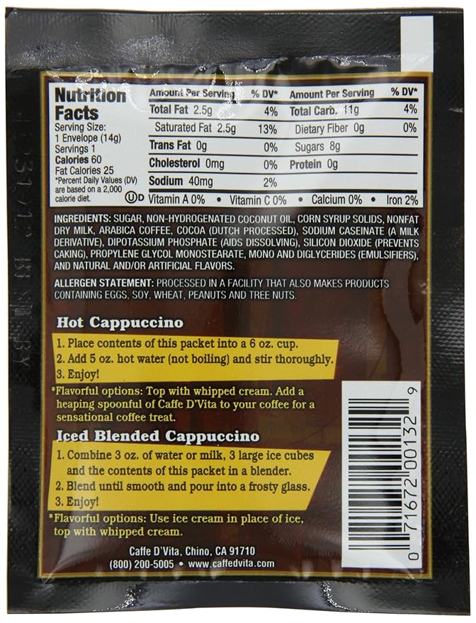 (24 Pack) Caffe D'Vita English Toffee Cappuccino Mix - Instant Cappuccino Mix Gluten Free No Cholesterol No Hydrogenated Oils 99% Caffeine Free Flavored Instant Coffee - 0.5 Oz Packets
