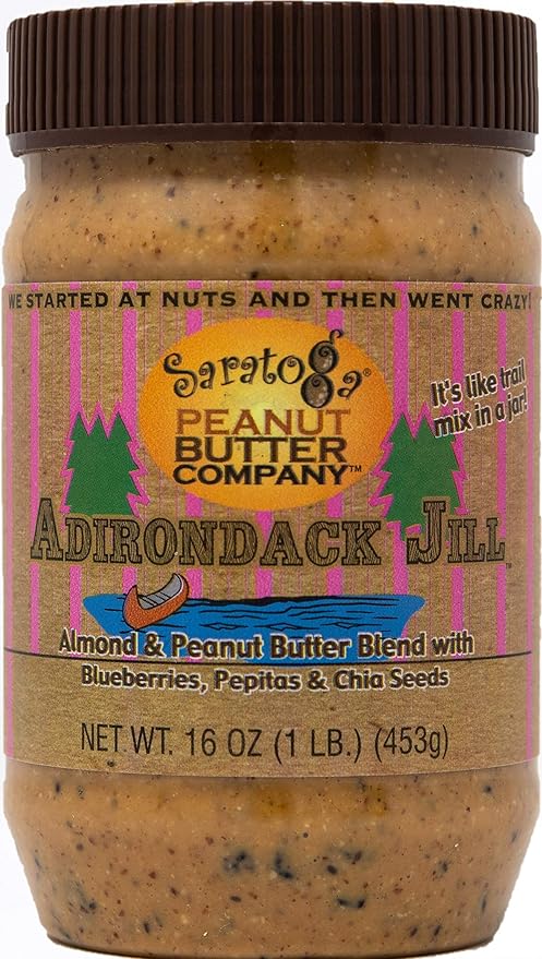 Saratoga Peanut Butter Company Adirondack Jill AlmondPeanut Blend with Blueberries Chia Seeds Cinnamon Honey Pepitas. 16 Ounce Jar. Gluten Free Non GMO Freshly Made All Natural. Shipping oz jar