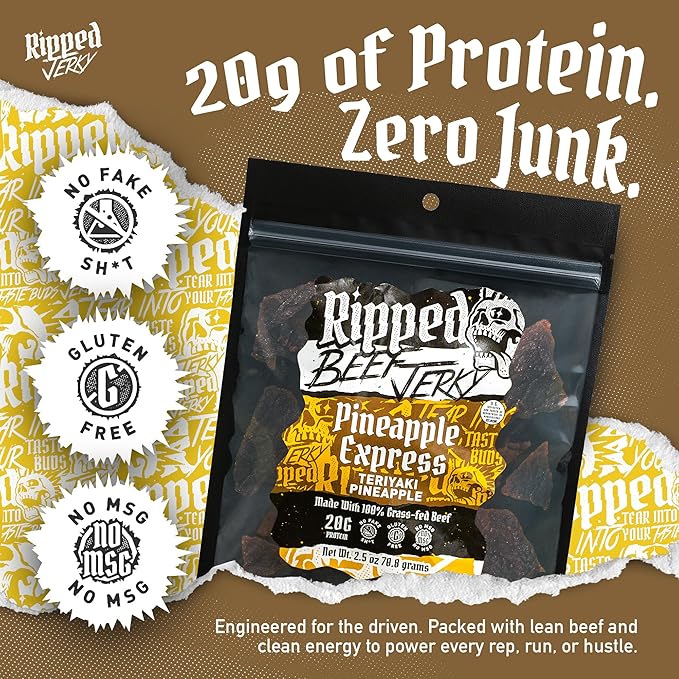 Ripped Beef Jerky - 100% Grass Fed Beef 20g Protein Real Ingredients Gluten Free No MSG Made in USA (Pack of 3 Pineapple)