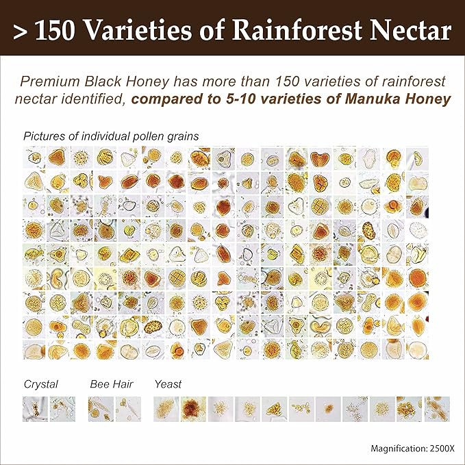 Premium Tualang Black Honey 13oz (TA 14+ Pollen Count 4.8M+ Pollen Variety 150+) Intense Choice for Men Preservation Wild-ripening on 250ft Treetop Raw Unpasteurised Unfiltered