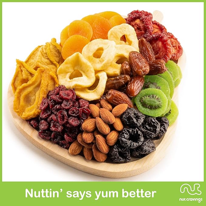 NUT CRAVINGS - Dried Fruit &amp Mixed Nuts Gift Basket in Wooden Pear-Shaped Tray (9 Assortments) Ramadan Gifts Food Arrangement Healthy Snack Care Package