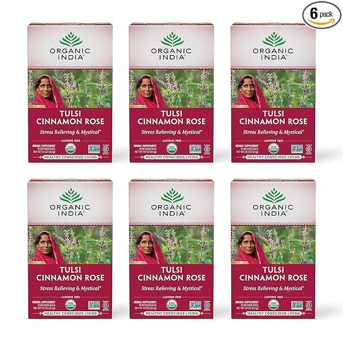 ORGANIC INDIA Tulsi Cinnamon Rose Tea Bags - Tulsi Rose Tea Bags Cinnamon Tea Bags with Holy Basil Chamomile Stevia USDA Certified Organic Caffeine Free Herbal Tea - 18 Infusion Bags 6 Pack