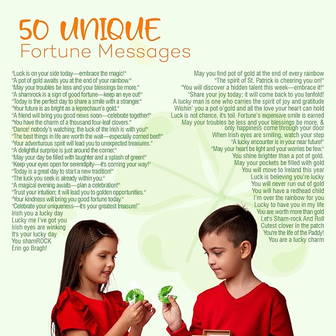4E's Novelty St Patricks Day Fortune Cookies (50 Pack) Bulk Individually Wrapped Green Fortune Cookies With 50 Unique St Patricks Day Themed Fotune Party Favors &amp Candy Bowl Filler