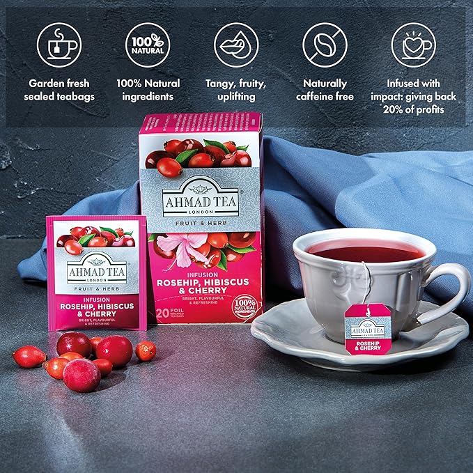 Ahmad Tea Rosehip &amp Cherry Infusion 20-Count Tea Bags Rosehip Hibiscus &amp Cherry  1.4 Oz (Pack of 6)