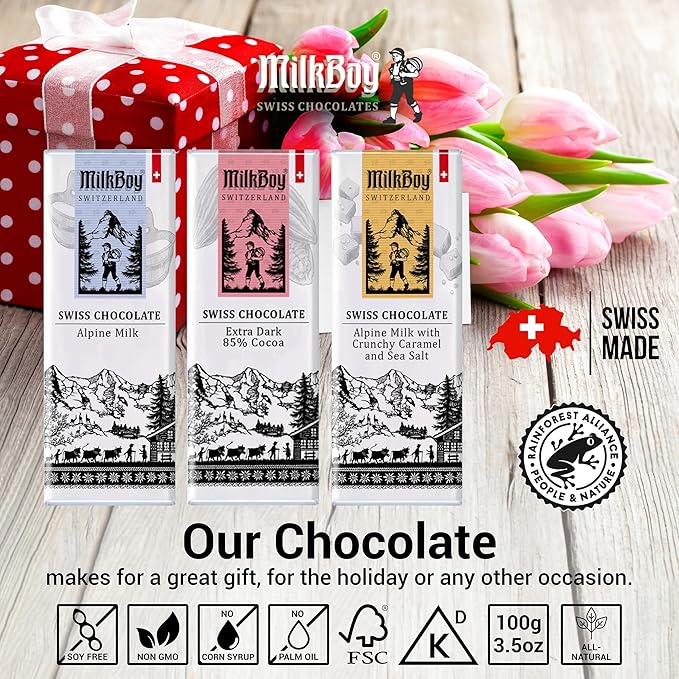 Milkboy Swiss Chocolates Milk Chocolates - Premium Alpine Milk Chocolate Bars with Crunchy Caramel &amp Sea Salt - Made in Switzerland - GMO Free - Each 1.4 oz - 20 Pack
