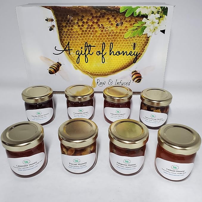 C&ampJ Farms Texas Gourmet Artisan Seasonings A Gift of Honey Set- 8 Piece Sweet Variety Box- Pure Raw Natural Infused Honey by TX Bees in Sampler Jars
