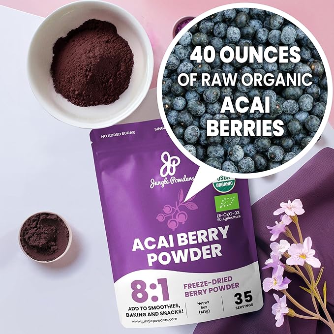 Jungle Powders Freeze Dried Strawberries Organic USDA Certified Strawberry Slices 3.2 Ounce Bag + Organic Acai Powder 5 Ounce Bag Freeze Dried Acai Berry Powder from Whole Berries