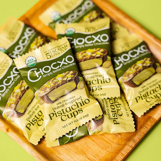 Chocxo Milk Dubai Chocolate Pistachio Cups - Lower Sugar Organic NonGMO Keto Gluten Free Kosher. 43% Cacao No Artificial Sweeteners/Sugar Alcohols 3.45 oz (Pack of 6)
