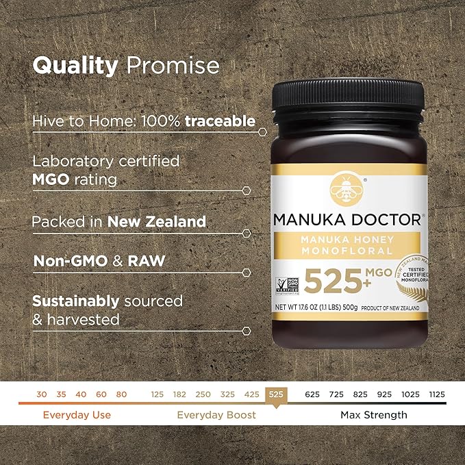 Manuka Doctor - MGO 525+ Manuka Honey Monofloral 100% Pure New Zealand Honey. Certified. Guaranteed. Raw. Non-GMO (17.6 oz)