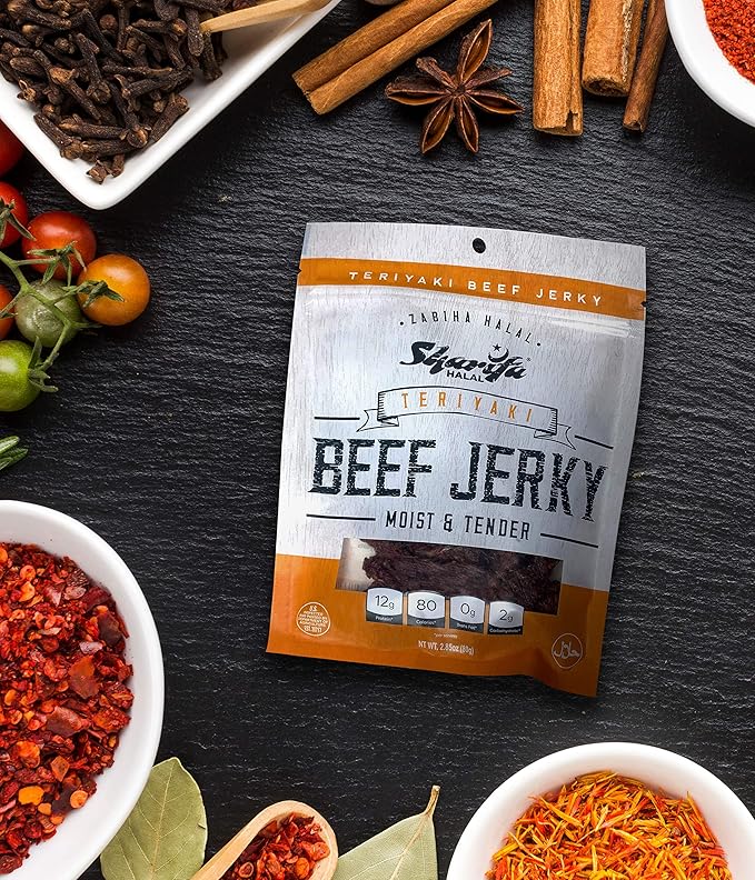 Sharifa Halal Beef Jerky Teriyaki (5 Pack) Each Bag 2.85 oz – Great Everyday Halal Jerky Beef Meat Snack 100 % Real Zabiha Halal Beef 12g of Protein 80 Calories 0g Trans Fat &amp 2g of Carbohy
