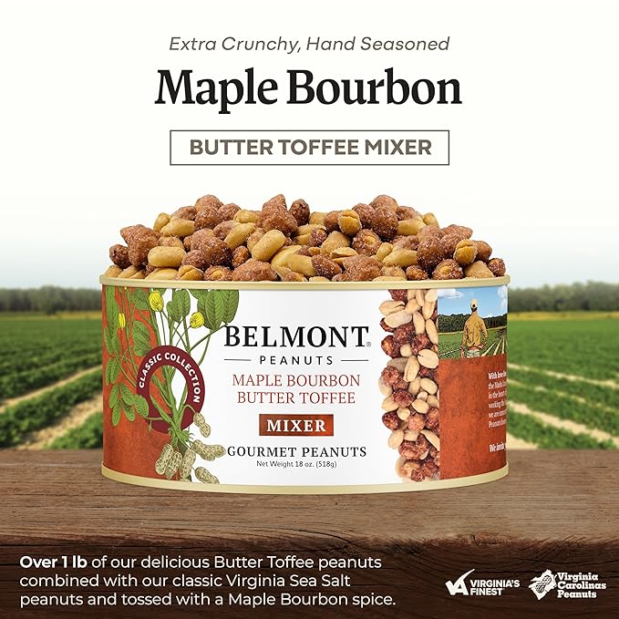 Belmont Peanuts Gourmet Maple Bourbon Butter Toffee Mixer with Maple Bourbon-Spiced Sea Salt and Butter Toffee Virginia Peanuts 18 oz (1 Pack) – Simple Ingredients No Preservatives Hand Seasoned