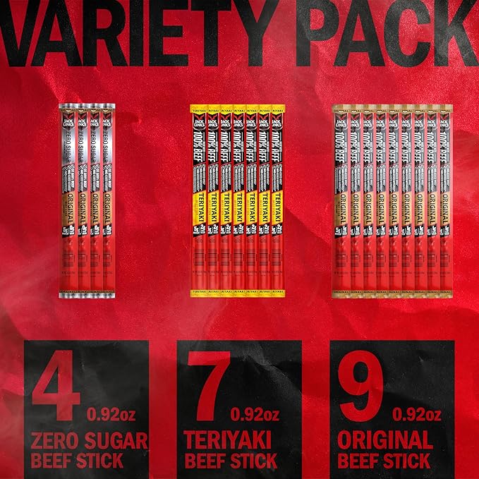 Jack Link's Beef Sticks Variety Pack - Original Teriyaki &amp Zero Sugar - Made with 100% Real Beef - Ready to Eat Real Meat Protein Snacks - 5g Protein per Serving - (20 Pack) 0.92 oz Meat Sticks