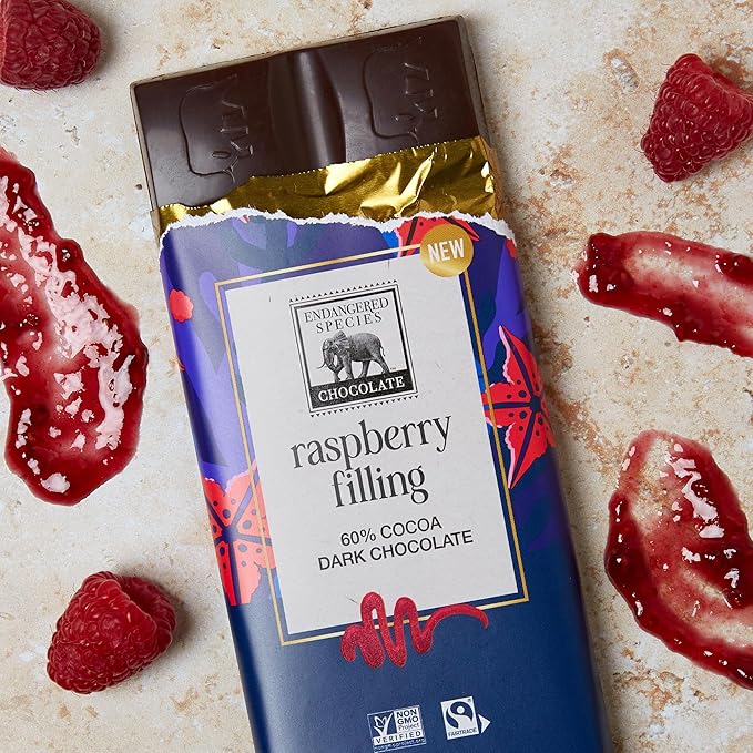 Endangered Species 60% Cocoa Raspberry Filling Dark Chocolate Bar Non GMO 3 Ounces (Pack Of 12)