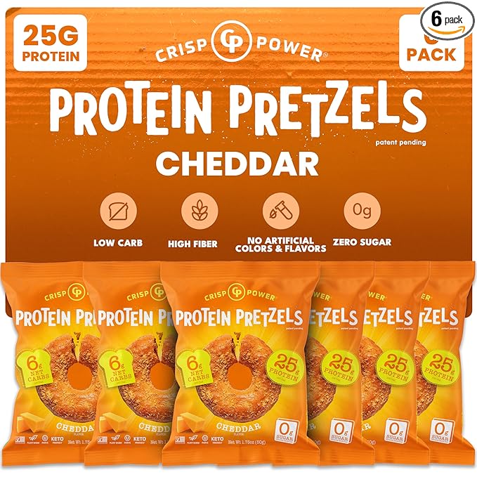 CRISP POWER Protein Pretzels NEW Cheddar 25G Protein High Protein Snack High Fiber Low Carb Crunchy Pretzel Snacks No Added Sugar 1.75 oz Bags 6 Pack Vegan Keto