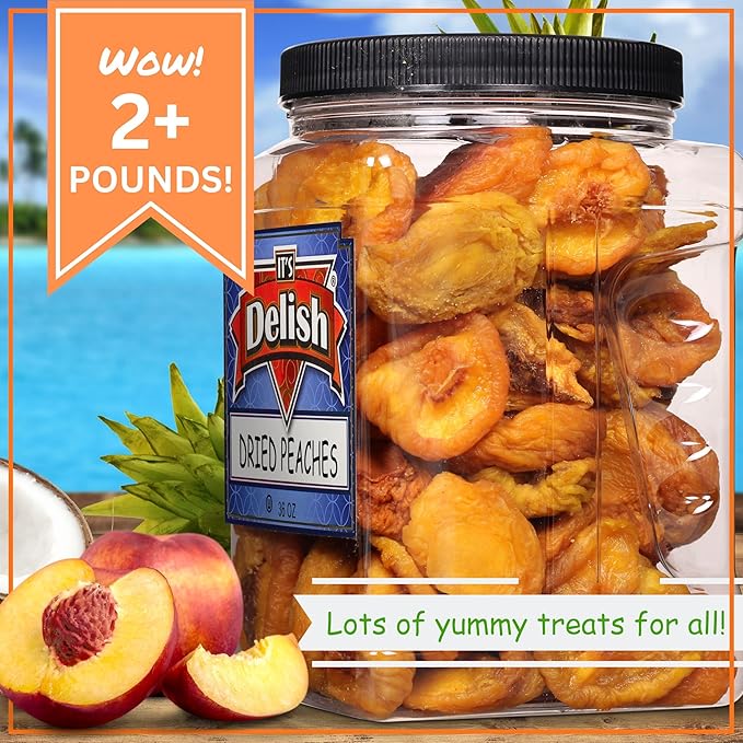 Dried Peaches by It's Delish 36 OZ Jumbo Reusable Container | Naturally Sweet Peach Slices No Sugar Added Bulk Dried Fruit Healthy Snacks Fresh and Dry Sliced Peaches Snack | Vegan Kosher