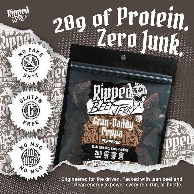 Ripped Beef Jerky - 100% Grass Fed Beef 20g Protein Real Ingredients Gluten Free No MSG Made in USA (Pack of 3 Peppered)
