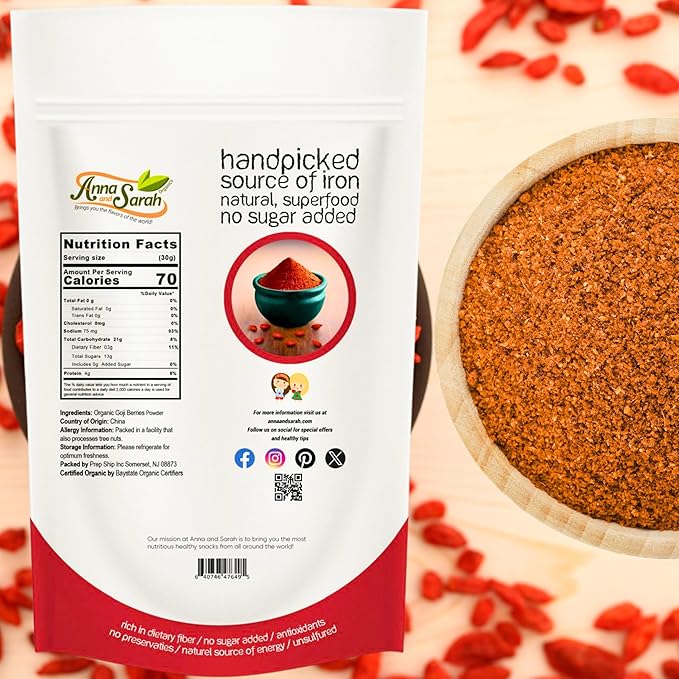 Organic Goji Powder16 Oz Pack of 2 100% Raw Pure Non-GMO Gluten-Free Superfruit Antioxidant &amp Nutrient Rich Perfect for Smoothies Baking &amp More Goji Berries Powder in Resealable Bag