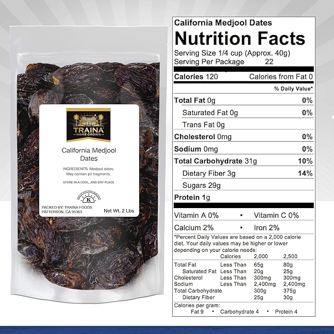 Traina Home Grown California Sun Dried California Medjool Dates - Healthy No Added Sugar Non GMO Gluten Free Kosher Certified Vegan Packed in Resealable Pouch (2 lbs)