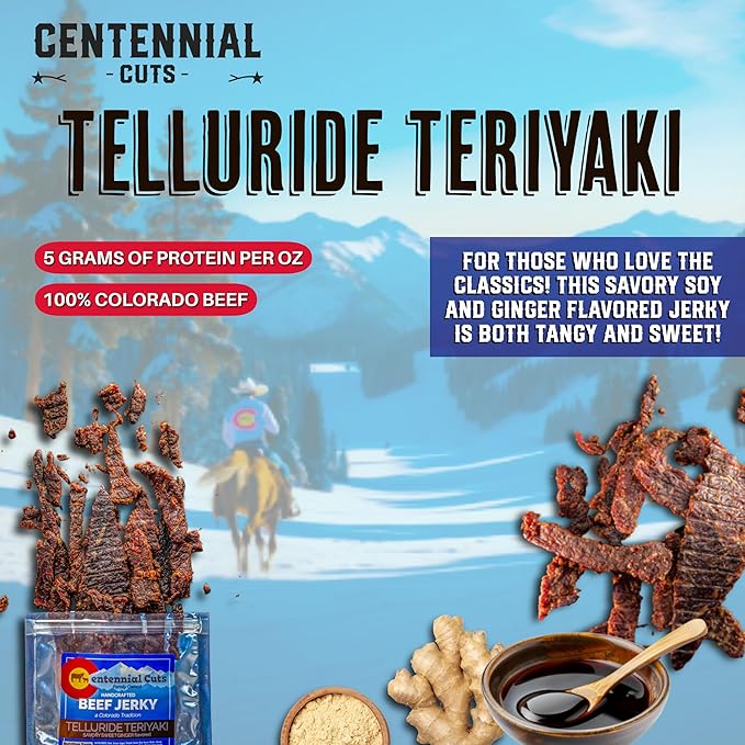 Centennial Cuts Beef Jerky – Telluride Teriyaki – High Protein Classic Sweet &amp Savory – 7 oz