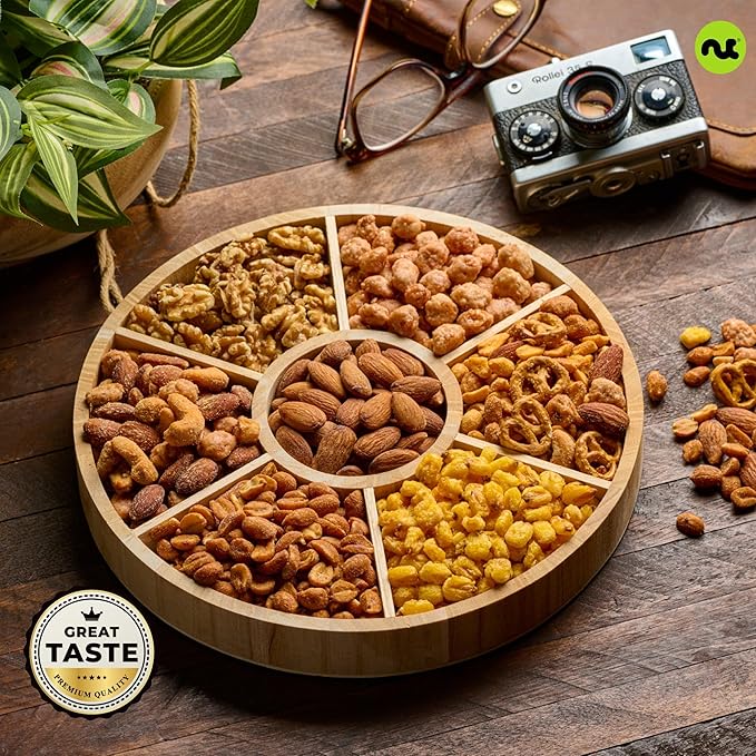 NUT CRAVINGS - Easter Mixed Nuts Gift Basket in Reusable Round Wooden Tray + Green Ribbon (7 Assortments) Ramadan Gifts Saint Patrick's Day Treats for Adults Healthy Snack Care Package Kosher