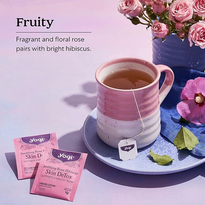Yogi Tea Soothing Rose Hibiscus Skin DeTox Tea - 16 Tea Bags per Pack (6 Packs) - Organic DeTox Tea to Support Skin Health - Includes Green Tea Leaf Rose Petal Honeybush Leaf Hibiscus &amp More