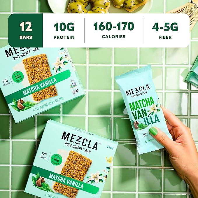 Mezcla Puff-Crispy Plant Based Protein Bars - Fan Favorites Pack - Healthy Snacks for Adults &amp Kids - Perfect School Travel &amp Office Snacks - Gluten Free Vegan Non GMO 10g Protein - 12 Co