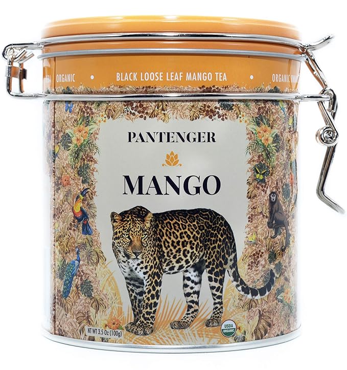 Mango Balck Tea Loose Leaf 3.5 Oz. USDA Organic. Pantenger Mango is a Tea Blend of Organic Black Tea Leaves with Mango Pieces and Marigold Petals. Drink Hot or Iced.