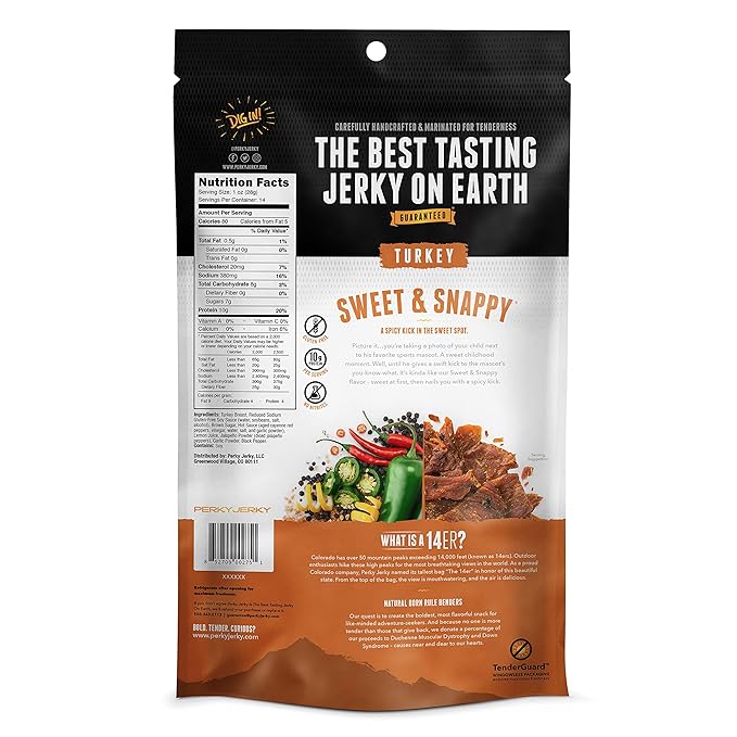 Perky Jerky Sweet and Snappy Turkey Jerky 14oz - Low Sodium - 10g Protein per Serving - Low Fat - 100% U.S. Sourced - Tender Texture and Bold Flavor