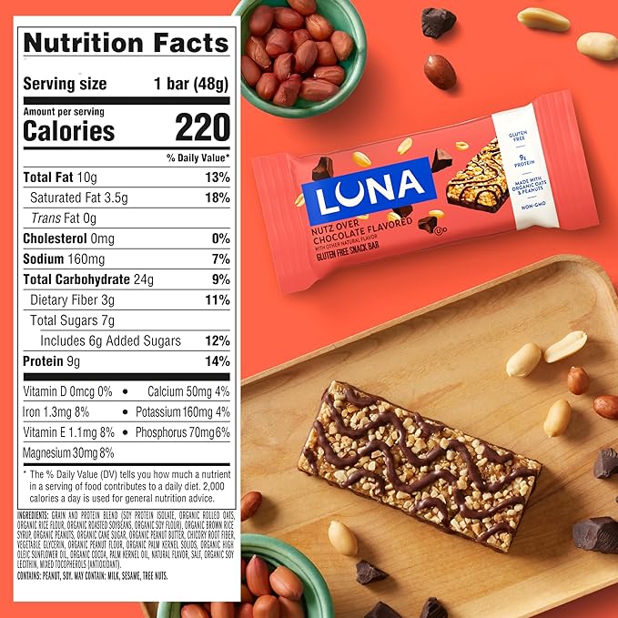 LUNA Bar - Nutz Over Chocolate Flavor - Gluten-Free - Non-GMO - 7-9g Protein - Made with Organic Oats - Low Glycemic - Whole Nutrition Snack Bars - 1.69 oz. (15 Count)