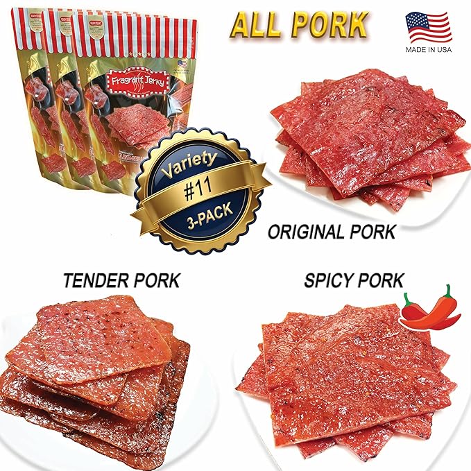 VP#11 ALL PORK JERKY - MIXED FLAVORS (Original tender-Pork 4oz Spicy Pork each 4 oz) *Fresh Grilled to Order *Shipped the Same Day *L.A. Times Handmade Gift Winner