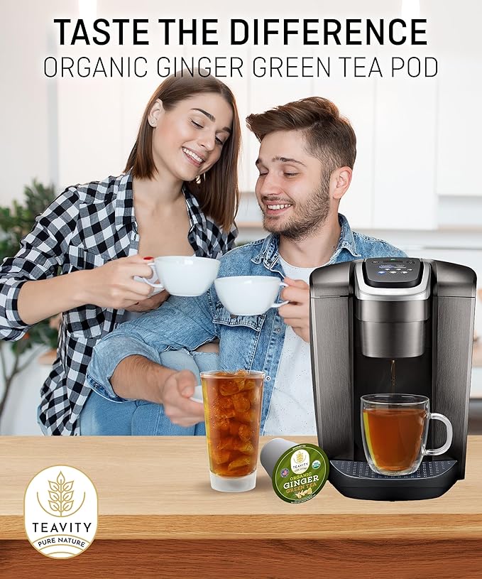Green Tea &amp Ginger Tea Pods for Keurig - Caffeinated Organic Dye Free Unsweetened Herbal Blend for K Cup Machines - Hot or Iced (24 Tea Pods)