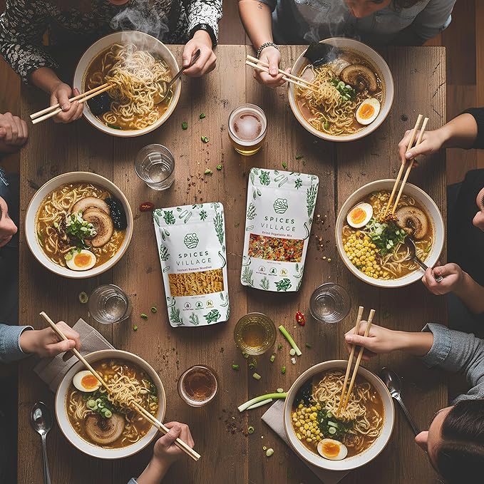 Spices Village Ramen Party Box – 3 Pack Noodles 2 Pack Dried Vegetable Mixes &amp 3 Flavored Soup Bases – Chicken Beef &amp Vegetable – Gourmet DIY Ramen Kit – Perfect for Gifts &amp Family Night
