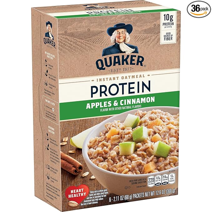 Quaker 10g Protein Instant Oatmeal Apple Cinnamon 2.11oz Packets (Pack of 36)