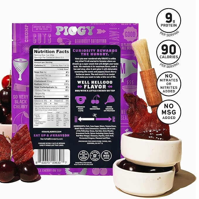 KRAVE All Natural Pork Jerky Black Cherry BBQ - Protein Packed Snacks Roasted for Maximum Flavor - Premium Tender Meat Cuts - Gluten Free - 2.7 Ounce (Pack of 8)