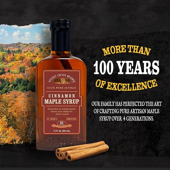 Lincoln County Reserve Cinnamon Maple Syrup Made in USA with Real Cinnamon Stick Amber Rich Grade A Real American Made for French Toast Pancakes Oatmeal and More
