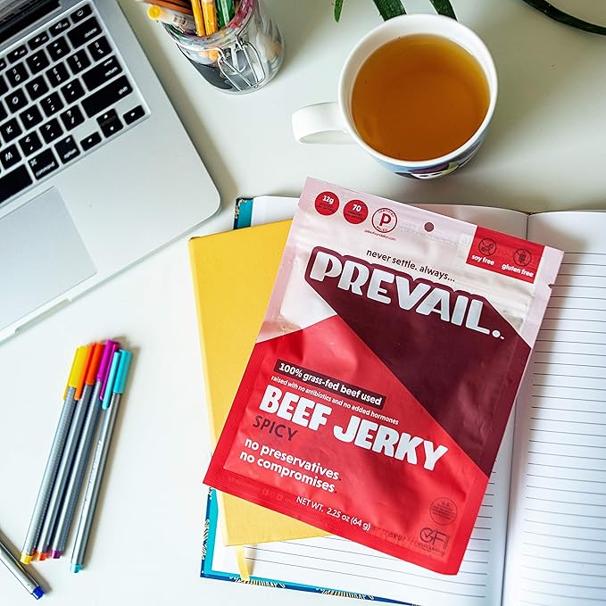 PREVAIL Spicy Grass-Fed Beef Jerky | SOY FREE | 100% Grass-Fed | Gluten Free Snacks | High Protein Snacks | Free of Preservatives | No GMO's | Pack of (3) Bags | 2.25oz
