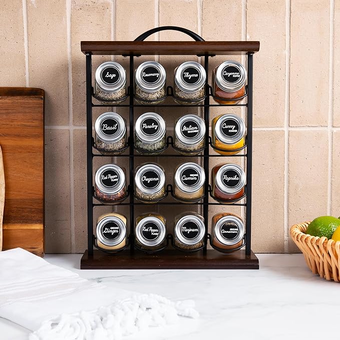 Orii 16 Jar Acacia Wood Vertical Spice Rack with Spices Included &amp 5-Year Spice Refill Program – Space-Saving Countertop Spice Rack with Glass Jars