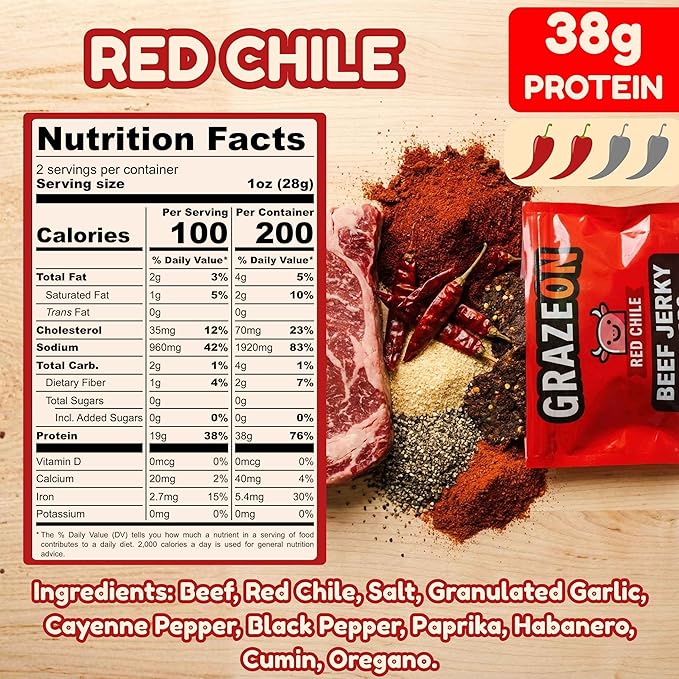 GrazeOn Beef Jerky Crisps Variety Pack - High Protein No Sugar Crunchy Air-Dried Meat Snack All-Natural Low Carb Keto Paleo Whole30 Spicy Pack All Natural Jerky Sampler with Red Chile Jalapeñ