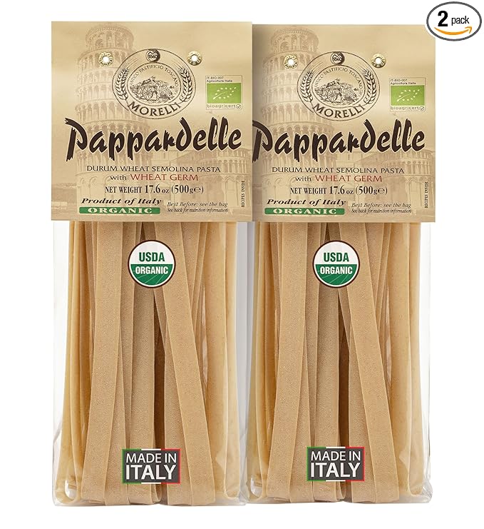 Morelli Organic Pappardelle Pasta Noodles - Imported Pasta from Italy Wide Pappardelle Noodles Gourmet Italian Durum Wheat Semolina With Wheat Germ - 17.6 oz (500 g) - Pack of 2