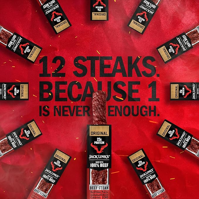 Jack Link's Beef Steak Original - Protein Snacks Beef Jerky Meat Snack with 23g of Protein Made with 100% Beef Individually Wrapped Bulk Snack Pack Keto Friendly - 2 Oz. (12 Count)