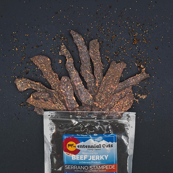 Centennial Cuts Beef Jerky – Serrano Stampede – High Protein Zero Sugar Zero Carbs Spicy Serrano Pepper Sea Salt and Black Pepper – 7 oz Snack