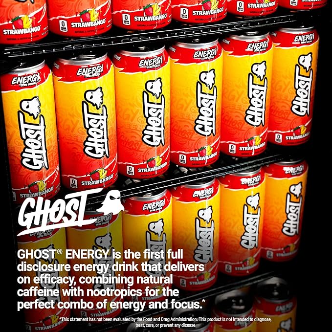 GHOST Energy DrinkStrawbango16oz - Energy &amp Focus &amp No Artificial Colors - 200mg of Natural CaffeineL-Carnitine-&amp Taurine - Gluten-Free-&amp Vegan(Pack of 24)