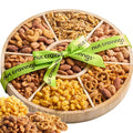 NUT CRAVINGS - Easter Mixed Nuts Gift Basket in Reusable Round Wooden Tray + Green Ribbon (7 Assortments) Ramadan Gifts Saint Patrick's Day Treats for Adults Healthy Snack Care Package Kosher