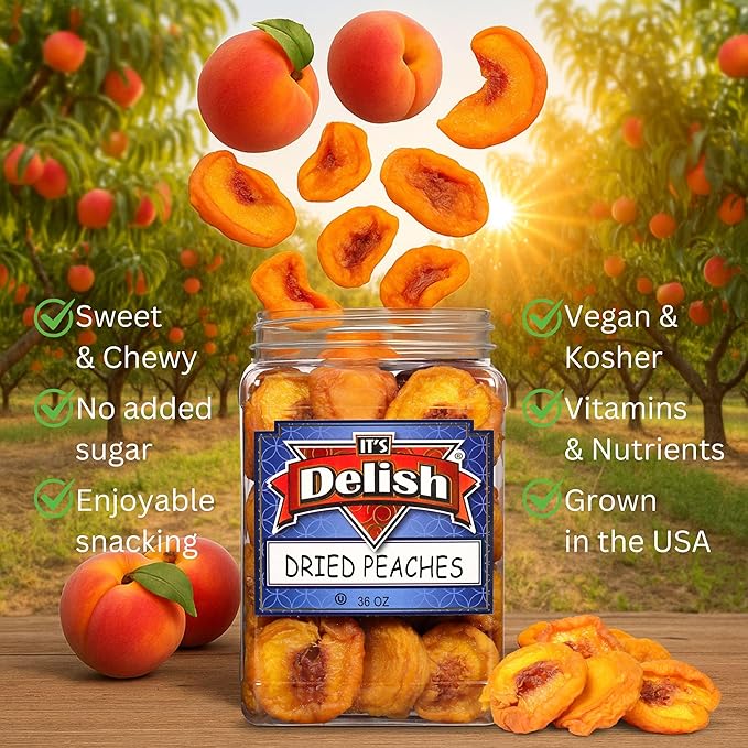 Dried Peaches by It's Delish 36 OZ Jumbo Reusable Container | Naturally Sweet Peach Slices No Sugar Added Bulk Dried Fruit Healthy Snacks Fresh and Dry Sliced Peaches Snack | Vegan Kosher
