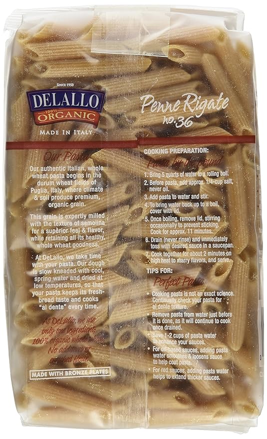 DeLallo Organic Whole Wheat Penne Rigate #361 Pound (Pack of 16)